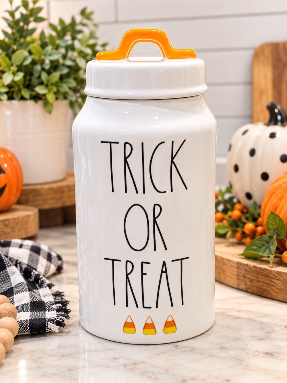 NEW Rae Dunn ‘TRICK OR TREAT’ Candy Corn Watercolor Canister With Orange Loop To